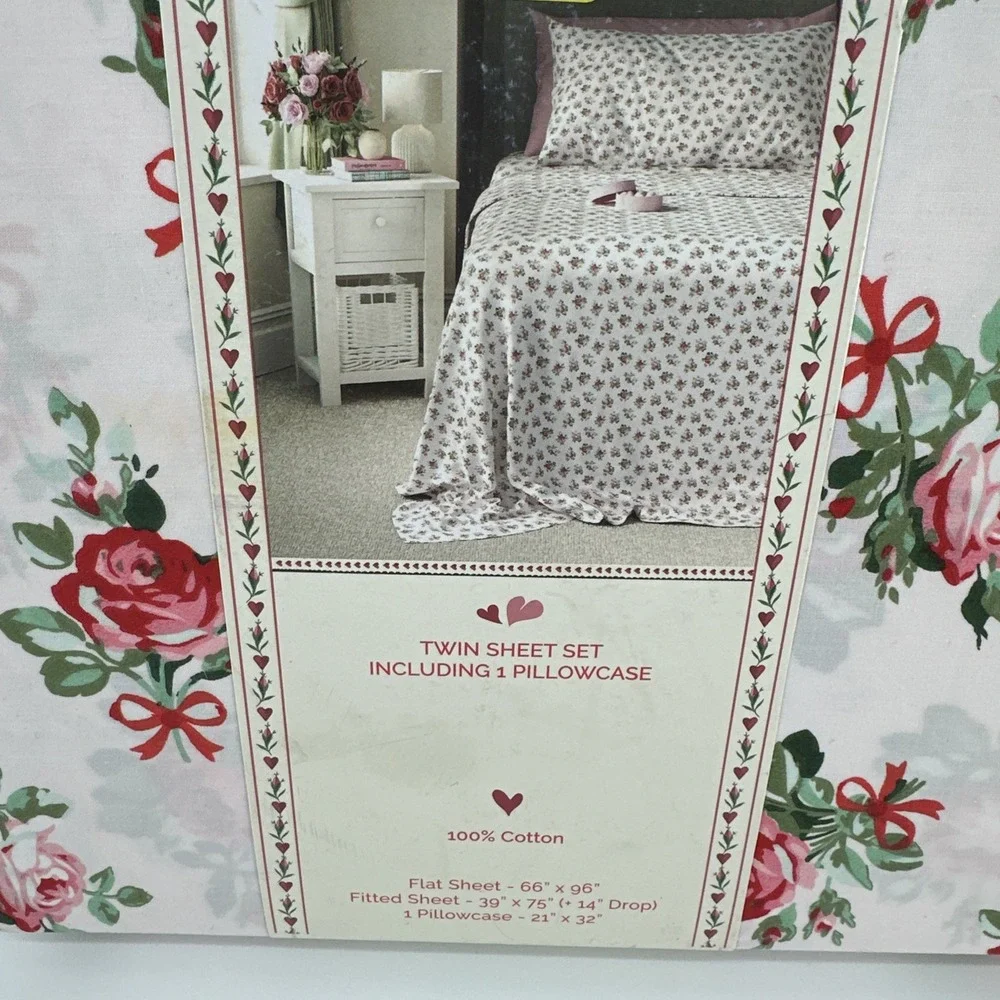 Cath Kidston TWIN Sheet Set Rose and Bow FLORAL 100% Cotton‎ Percale 200 TC New